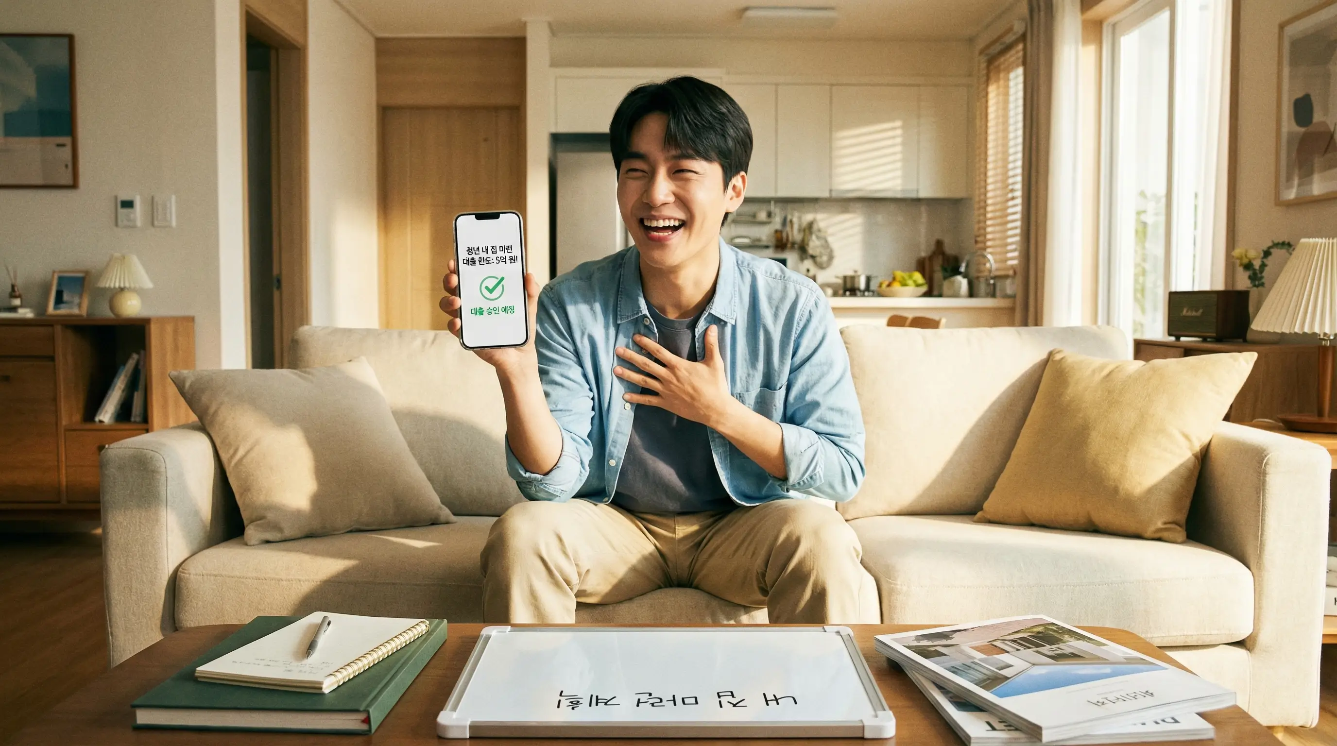 모바일 앱으로 청년 매매 대출 한도를 조회하고 내 집 마련 계획을 세우며 기뻐하는 청년의 모습