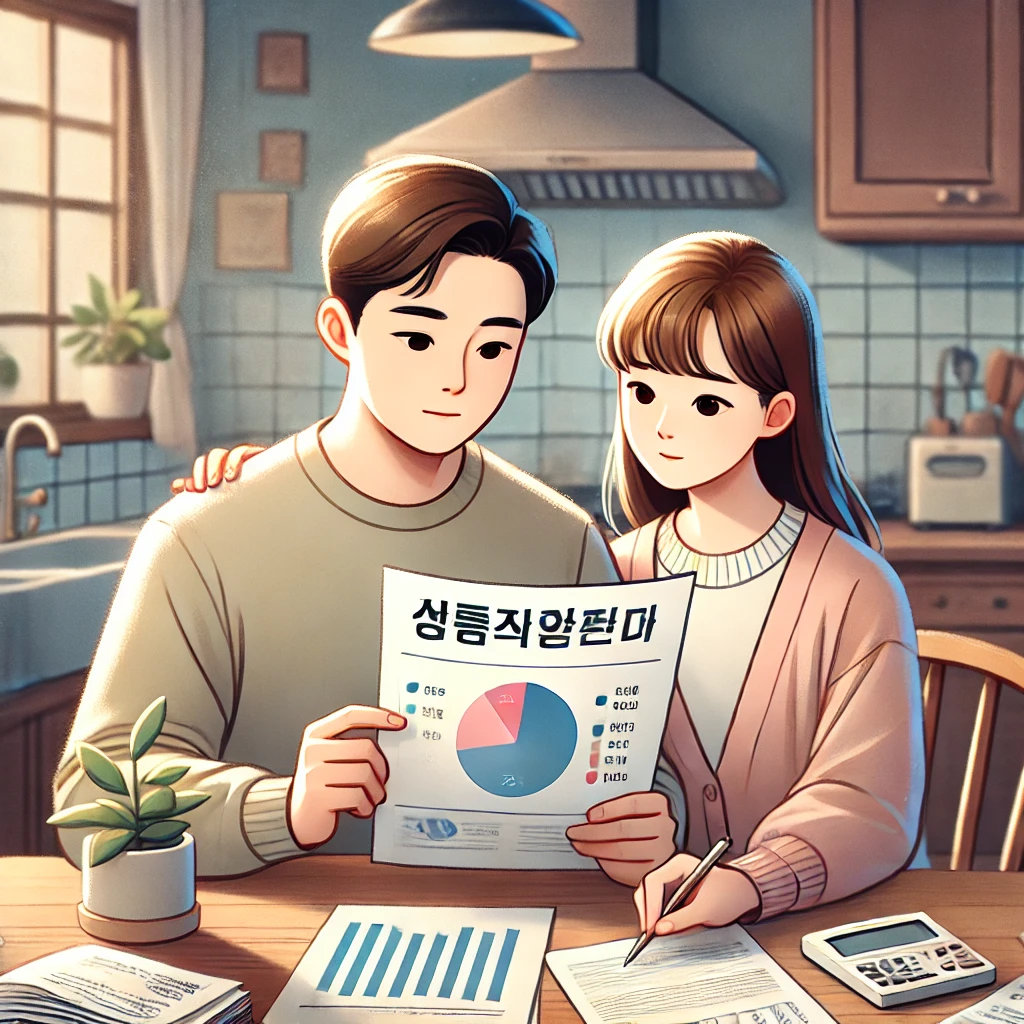 소득과 재산 서류를 식탁 위에 펼쳐놓고 검토하는 가족의 모습