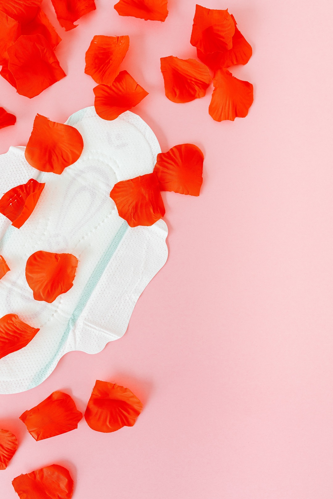 생리대 위와 주변을 붉은 꽃잎이 떨어져 있는 사진