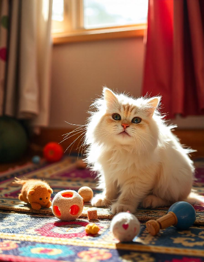 장난감을 갖고 노는 하얀 고양이