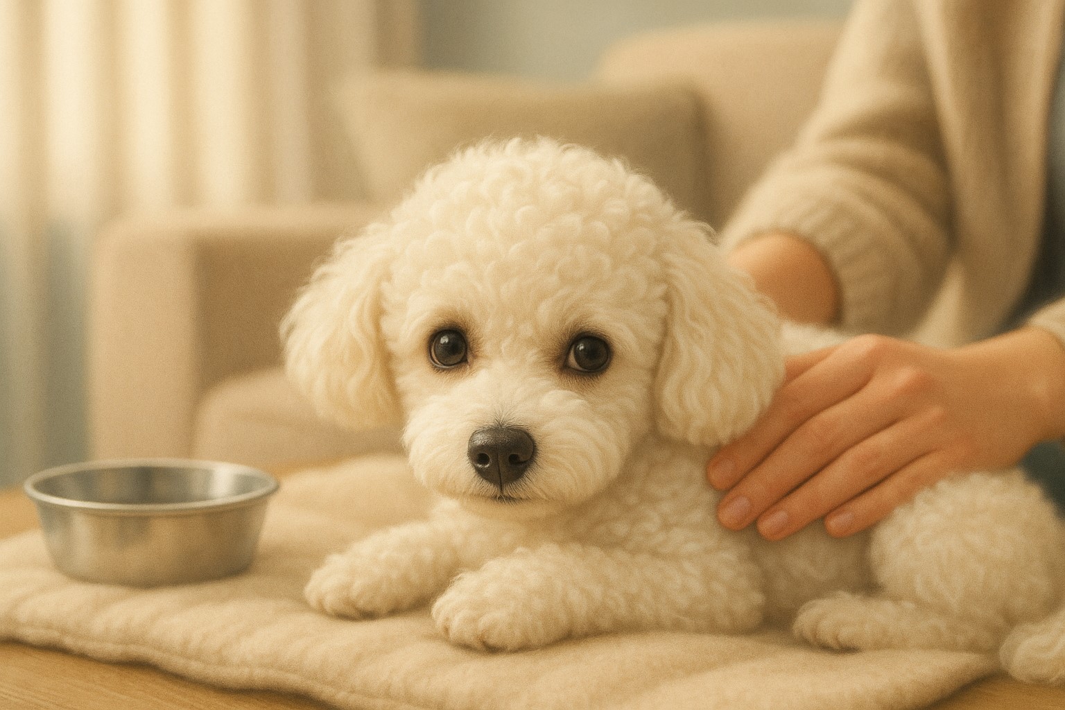 집에서 담요 위에 편안히 엎드려 쉬는 푸들, 옆에 물그릇이 있고 보호자의 손길이 강아지를 안심시키는 장면
