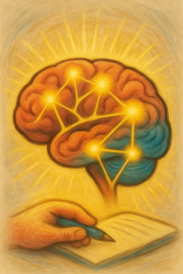 뇌 가소성과 신경망 연결을 상징하는 이미지 &mdash; 빛나는 연결선과 유연한 구조로 표현된 뇌, 아래에는 글을 쓰는 손이 등장함