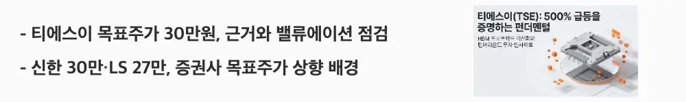 '티에스이 목표주가 30만원, 근거와 밸류에이션 점검'이라는 문구가 포함된 웹배너 이미지. 이 이미지는 티에스이의 증권사 목표주가와 예상 PER 등 밸류에이션 지표를 시각적으로 전달하며, 블로그의 티에스이 주가 전망 주제와 관련된 내용을 설명함