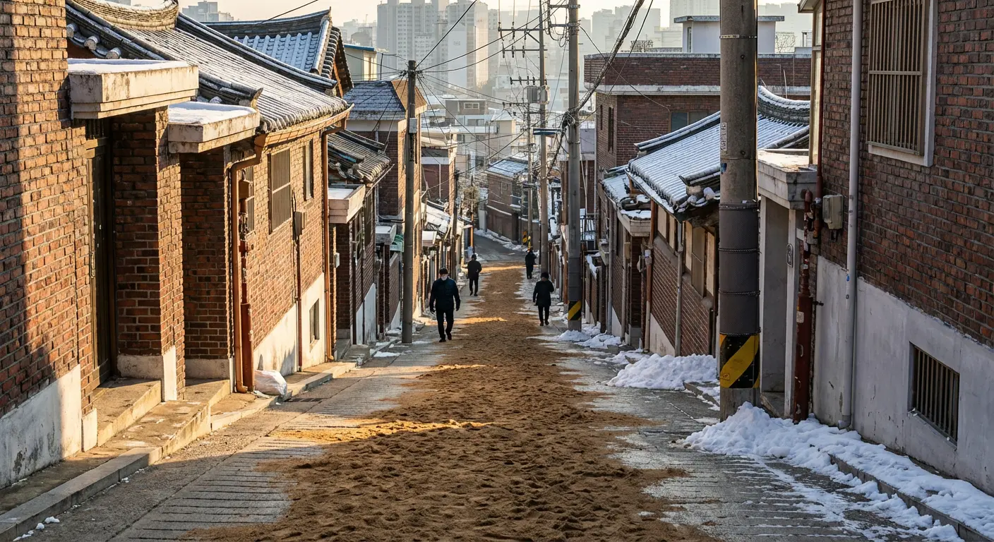 제설 완료 후 모래가 골목길 경사면에 고르게 깔려 안전하게 보행할 수 있는 상태가 된 모습