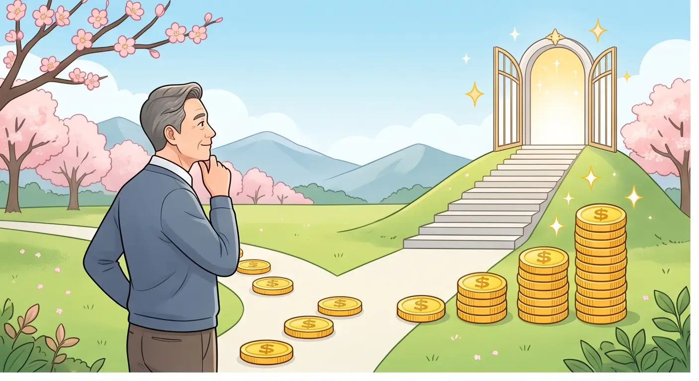 연금 수령 선택의 갈림길에서 쌓여가는 금화와 계단을 보며 고민하는 남성 일러스트