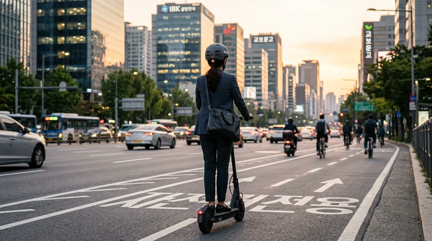 아침 도심 도로에서 전동 킥보드를 타고 출퇴근하는 사람