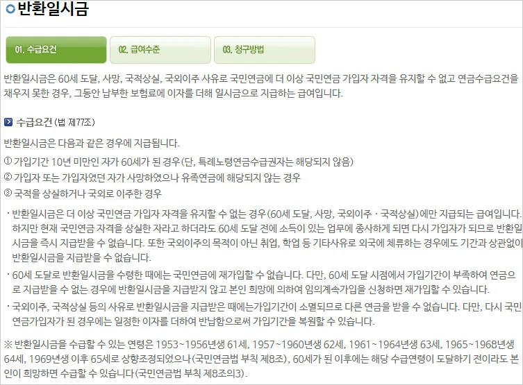 국민연금-일시불-수령방법-수급요건에-대한-홈페이지-설명