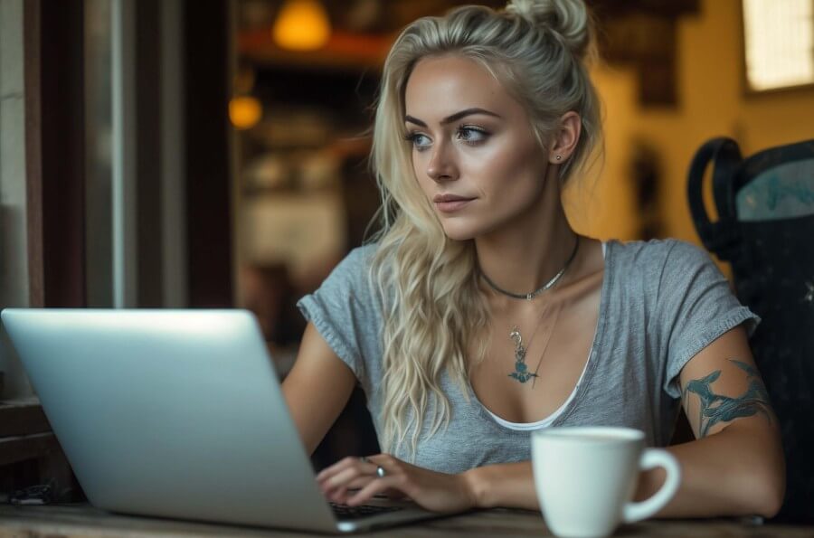 가게에서 커피를 마시면서 노트북으로 일하는 여성
