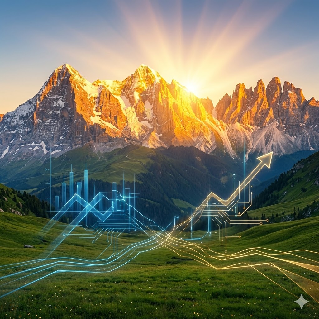 A 1:1 high-quality photographic panoramic view of a massive Swiss mountain range at sunrise. The peaks are bathed in intense golden light. The foreground meadow is pristine green, with a few integrated blue and gold digital data lines and abstract financial charts, conveying image_0.png's essence, connecting and flowing over the landscape. The scene is majestic, peaceful, and conveys profound wealth. Pure visual image, no other text.