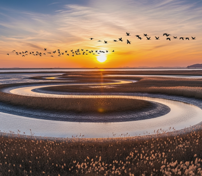 황금빛 갈대와 S자 수로의 조화