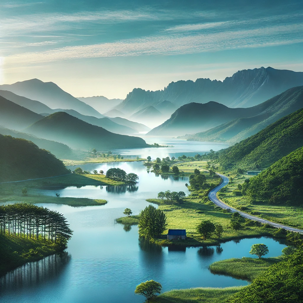 푸른 산과 맑은 하늘이 어우러진 평화로운 풍경