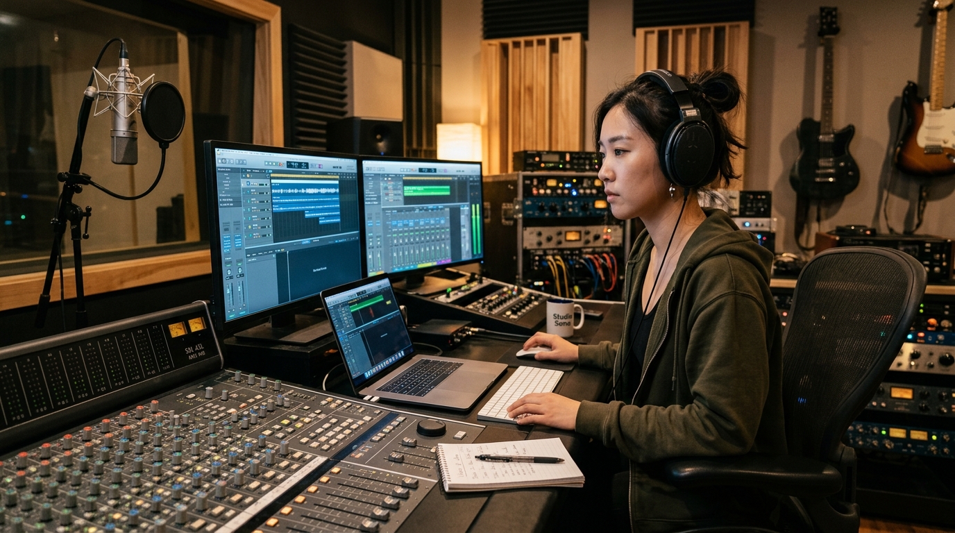 녹음실에서 신곡 작업을 진행 중인 진(眞) 이소나의 진지한 모습 이미지