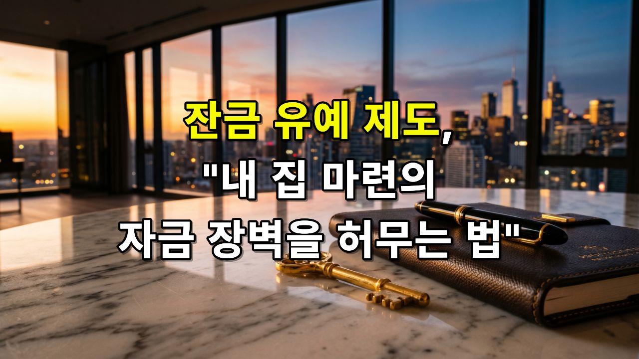 현대적인 고층 빌딩이 보이는 창가에 놓인 고급 필기구와 금융 기획서, 그리고 황금색 열쇠.