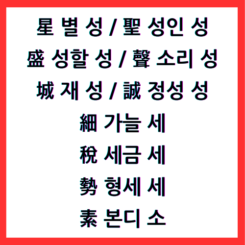 星 별 성 / 聖 성인 성 / 盛 성할 성 / 聲 소리 성 / 城 재 성 / 誠 정성 성 / 細 가늘 세 / 稅 세금 세 / 勢 형세 세 / 素 본디 소 / 4급II한자