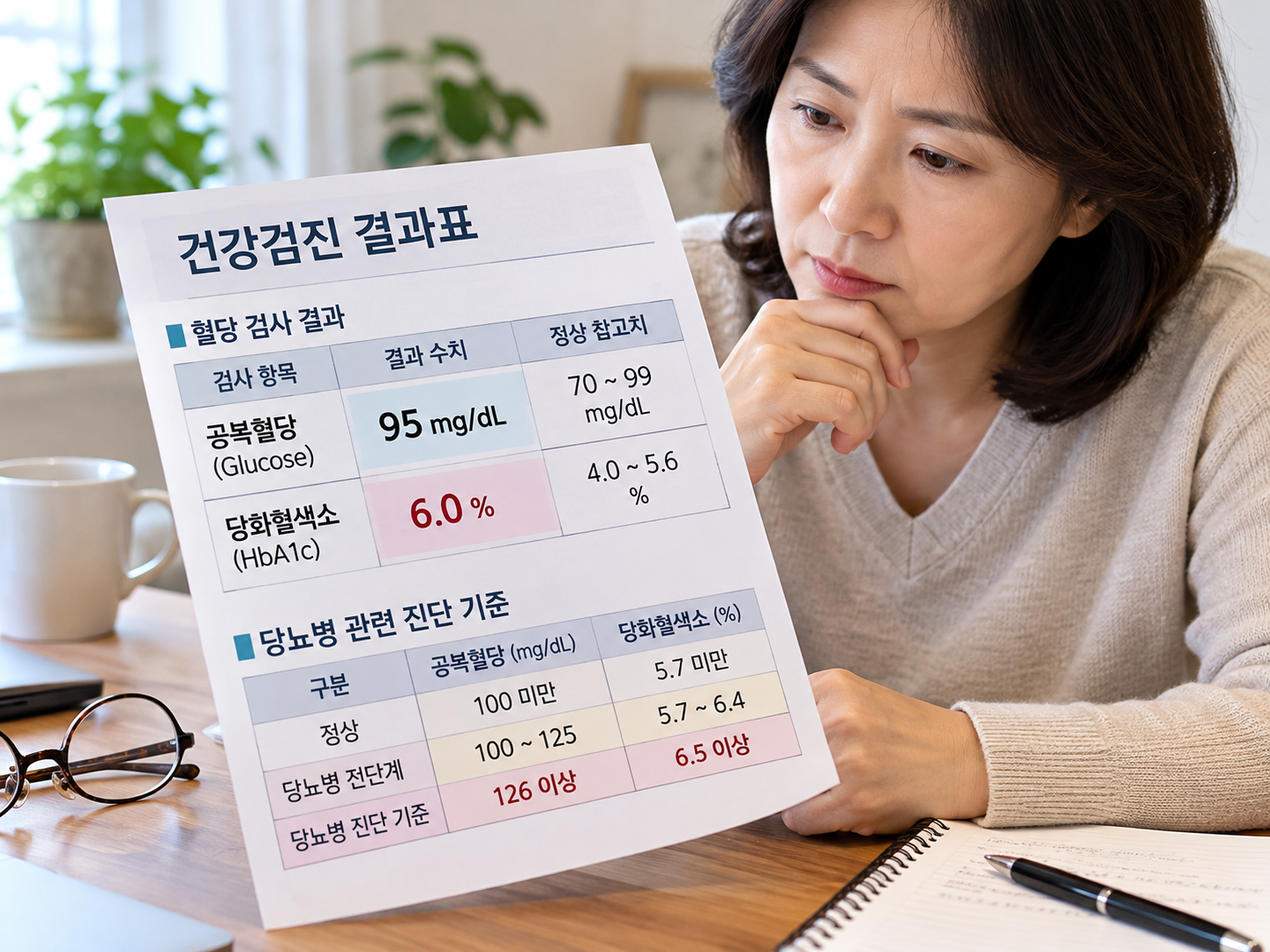 건강검진 결과지에서 공복혈당과 당화혈색소 수치를 비교하는 중년 성인