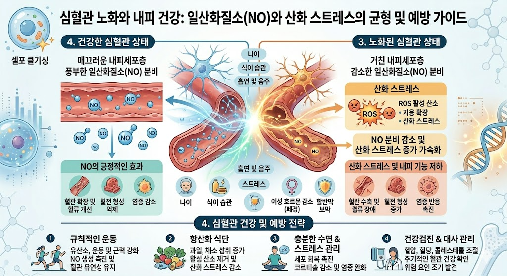 심혈관 항노화 &mdash; 혈관 내피 eNOS NO 감소 ox-LDL 동맥경화 산화 스트레스 오메가3 Zone2 운동 예방
