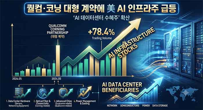 미국 AI 인프라주 상승과 데이터센터 수혜를 표현한 그래프 이미지.