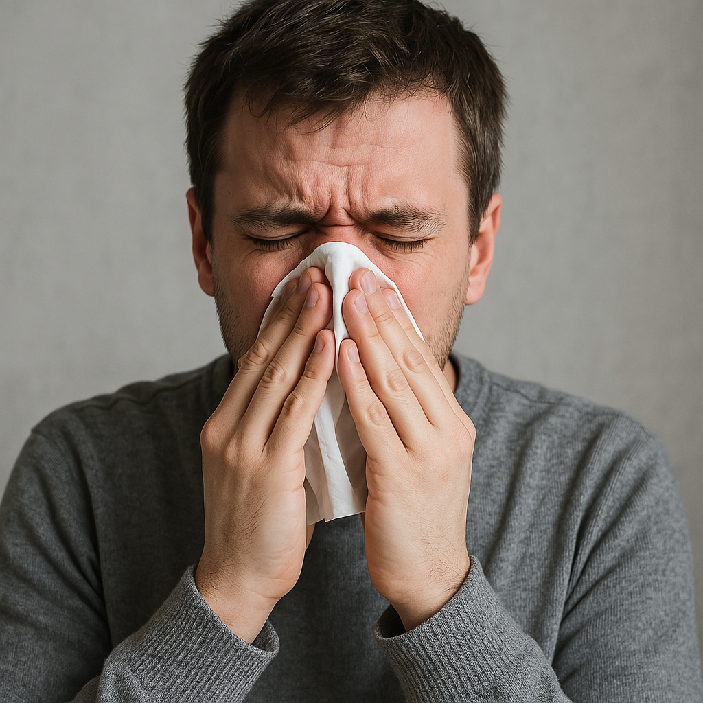 알러지로 힘들어하는 남성
