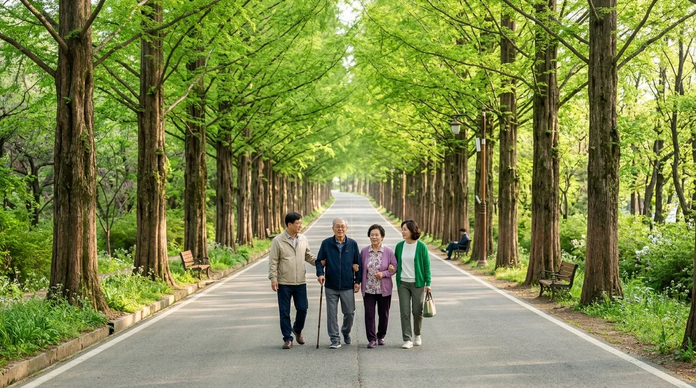 담양 메타세쿼이아길 봄 산책로를 걷는 가족