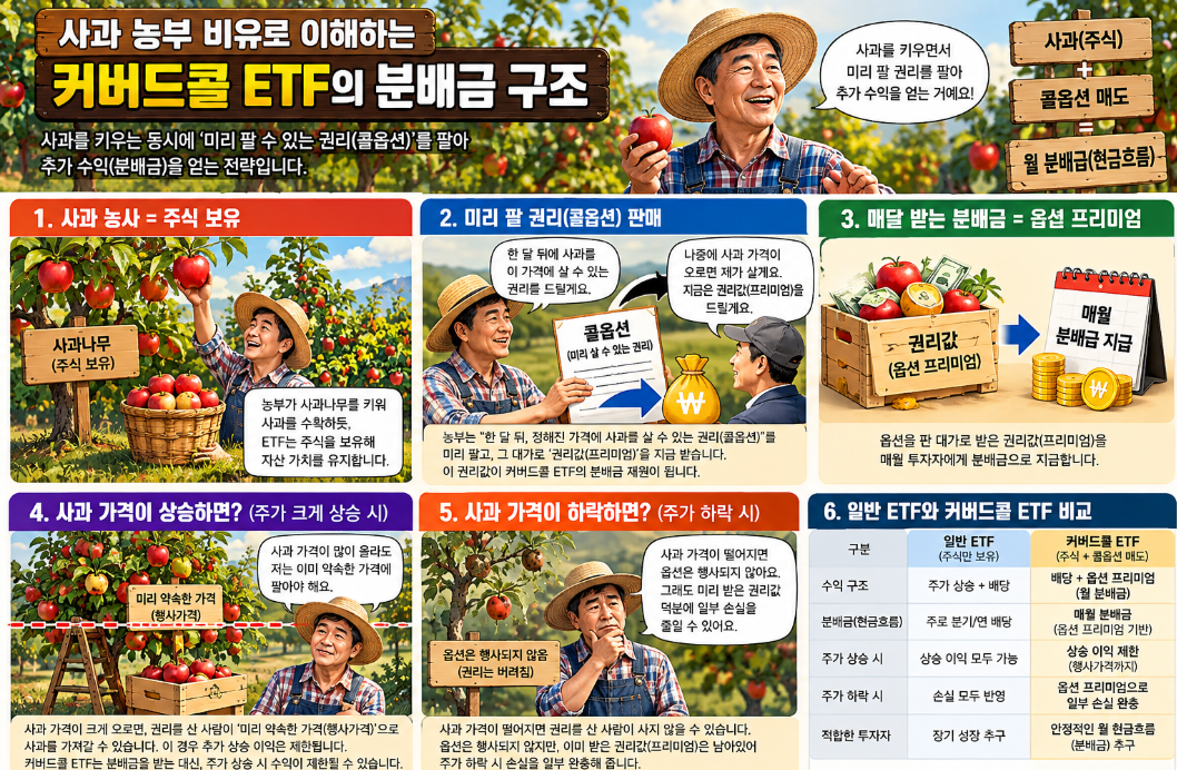 사과 농부 비유로 커버드콜 ETF의 분배금 구조를 설명하는 장면