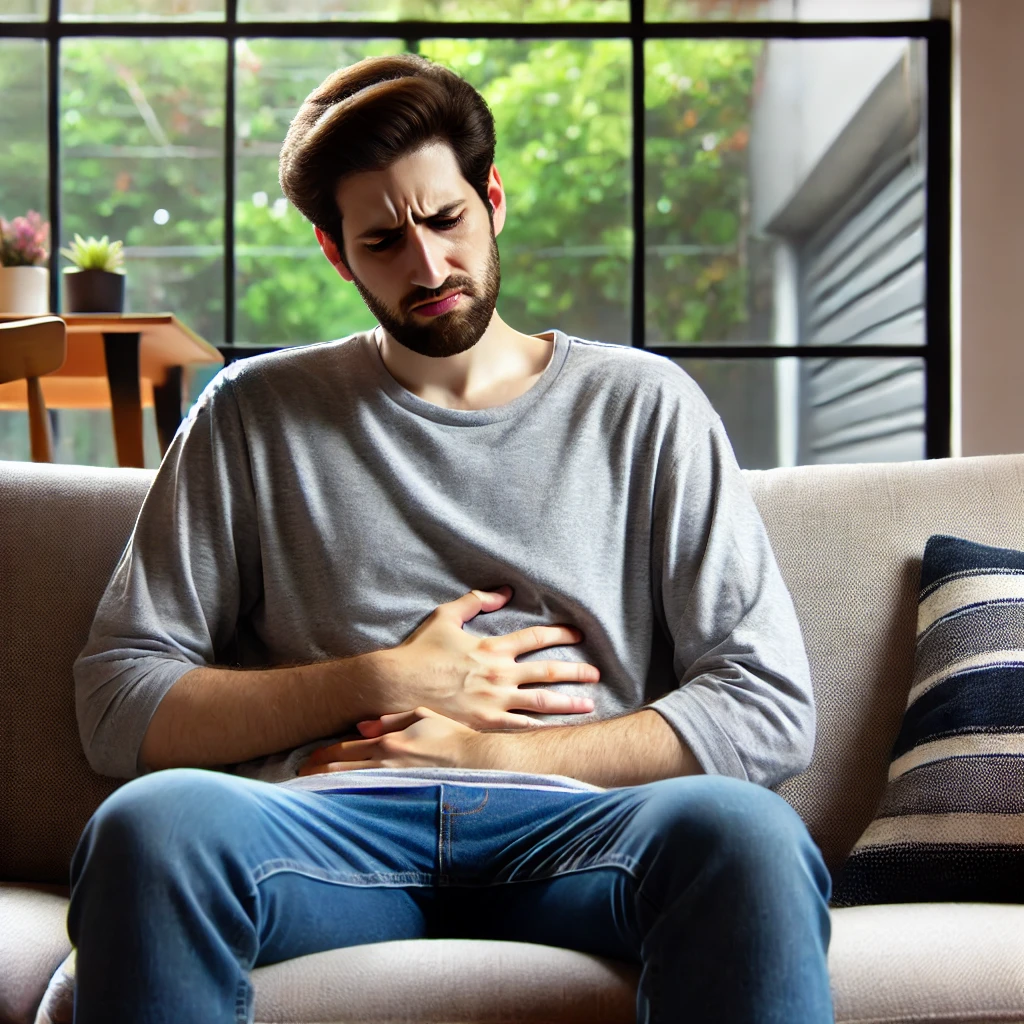 복부 팽만감으로 괴로워하는 남자의 모습