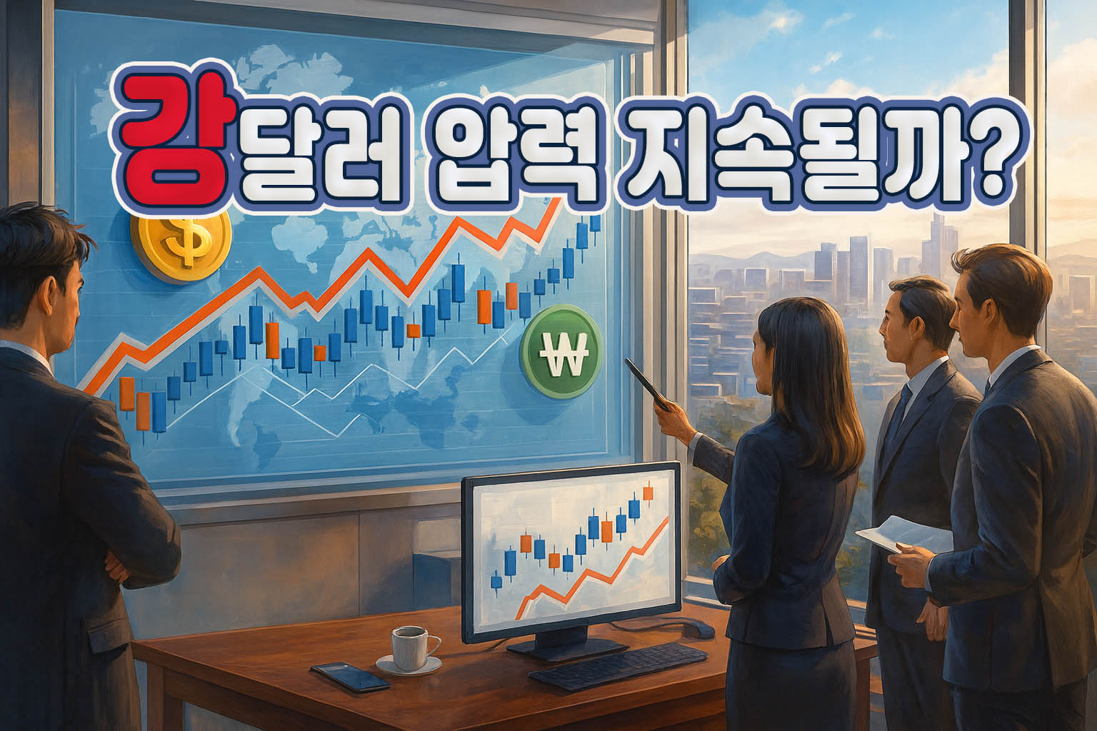 사무실에서 여러 사람이 환율 차트와 세계 지도를 보며 '강달러 압력 지속될까?'라는 문구가 적힌 대표 이미지