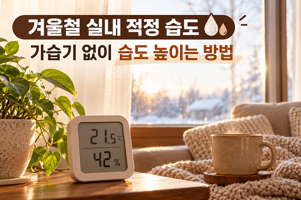 겨울철 실내 적정 습도와 가습기 없이 습도 높이는 방법을 소개하는 썸네일. 온도 21.5도, 습도 42%를 표시한 온습도계와 겨울 거실 모습