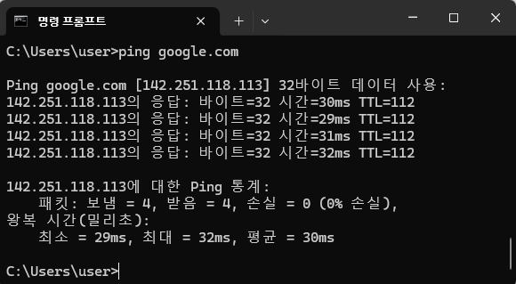 네트워크 연결 상태 및 지연 시간 체크
