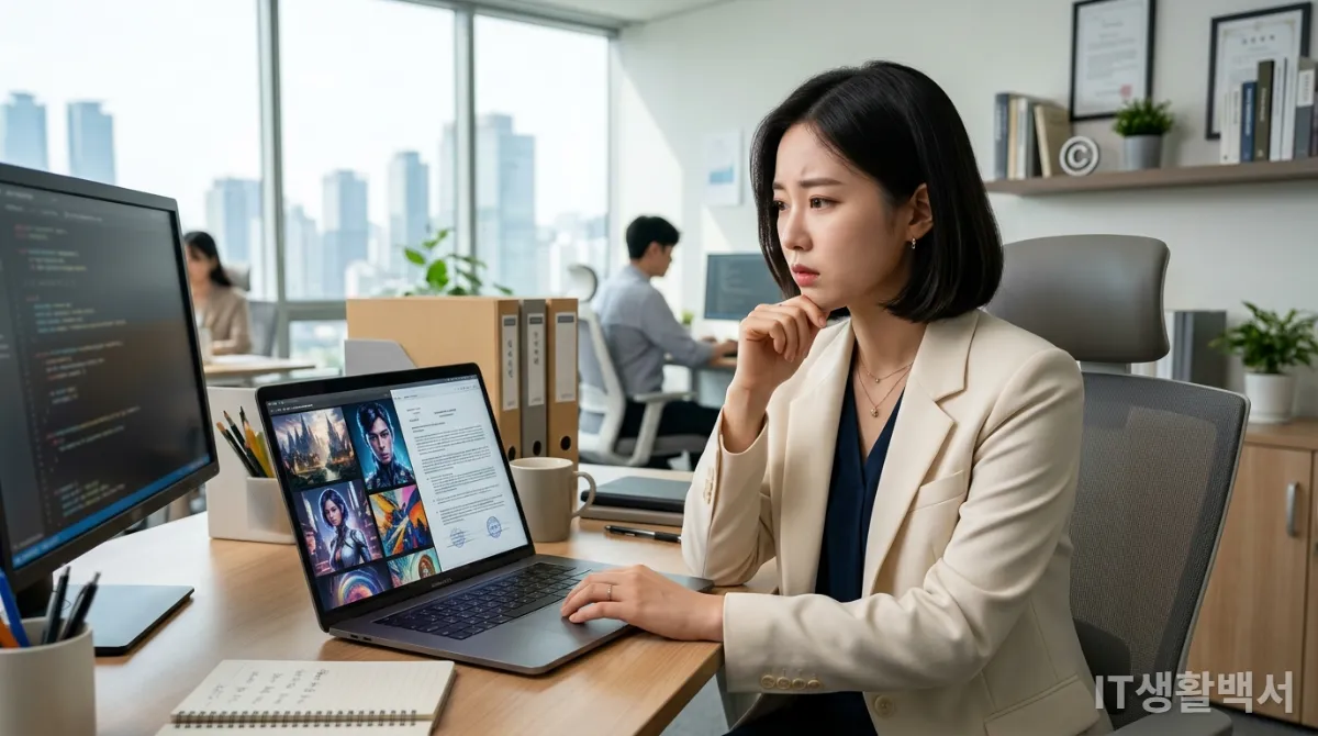 한국인 전문가가 AI 이미지 저작권 문서를 검토하는 모습