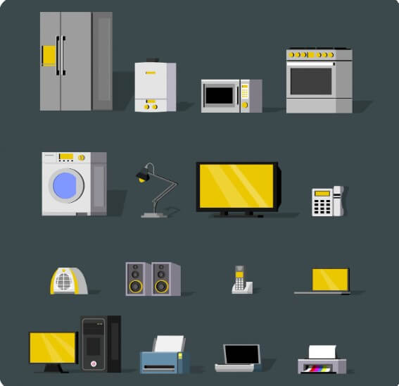 각종 가전제품을 나열해놓은 모습