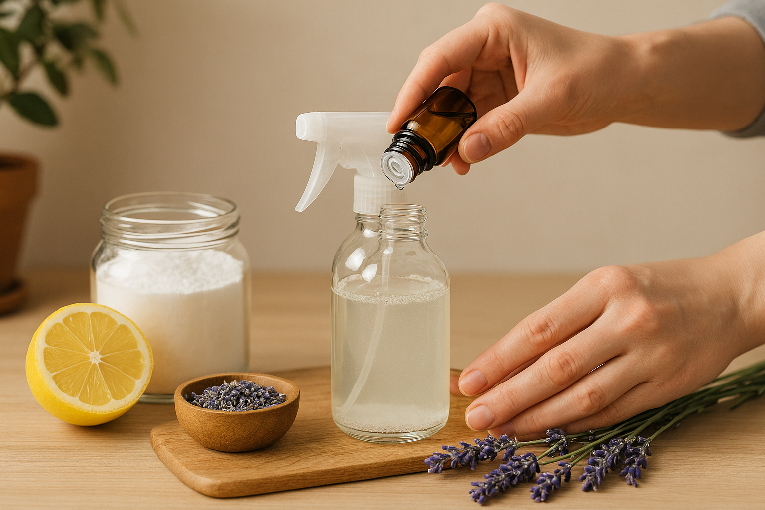 라벤더 오일을 활용한 천연 세정제 준비 모습