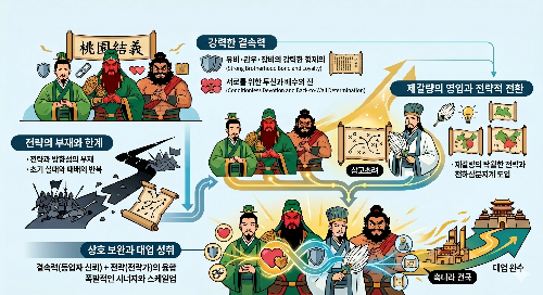 유비, 관우, 장비의 강력한 결속력 위에 제갈량의 전략이 더해지는 융합의 과정을 표현한 인포그래

픽 이미지