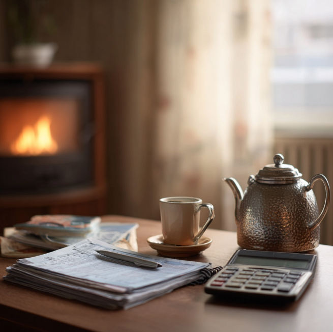 겨울철 따뜻한 벽난로 테이블위 주전자