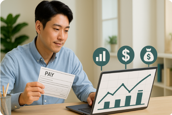 노트북 앞에서 투자 점검하는 직장인