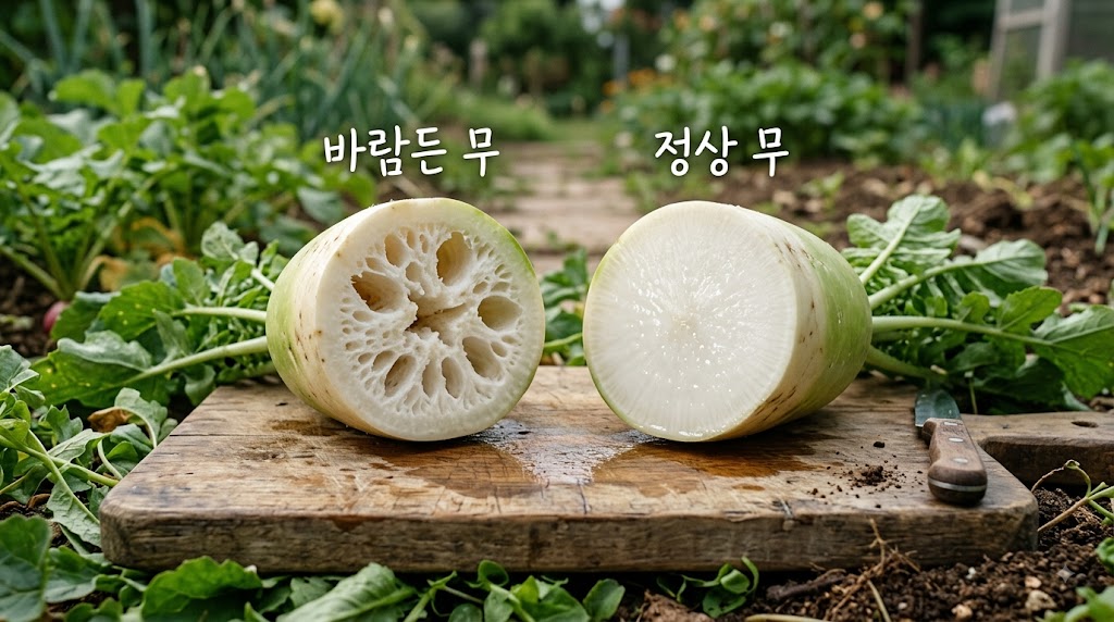 반으로 잘랐을 때 속이 스펀지처럼 비어있는 무와 조직이 밀도 있게 찬 정상적인 김장무의 단면 비교 현장 사진
