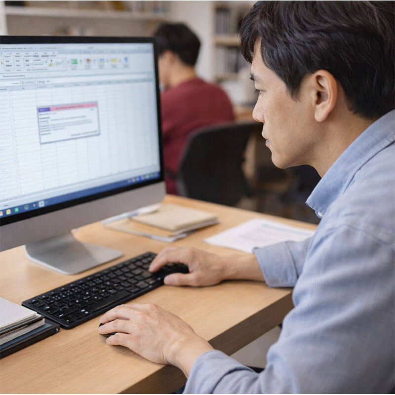 컴퓨터 수업에서 프로그램 화면을 보며 마우스를 조심스럽게 움직이고 있는 성인 학습자의 학습 장면