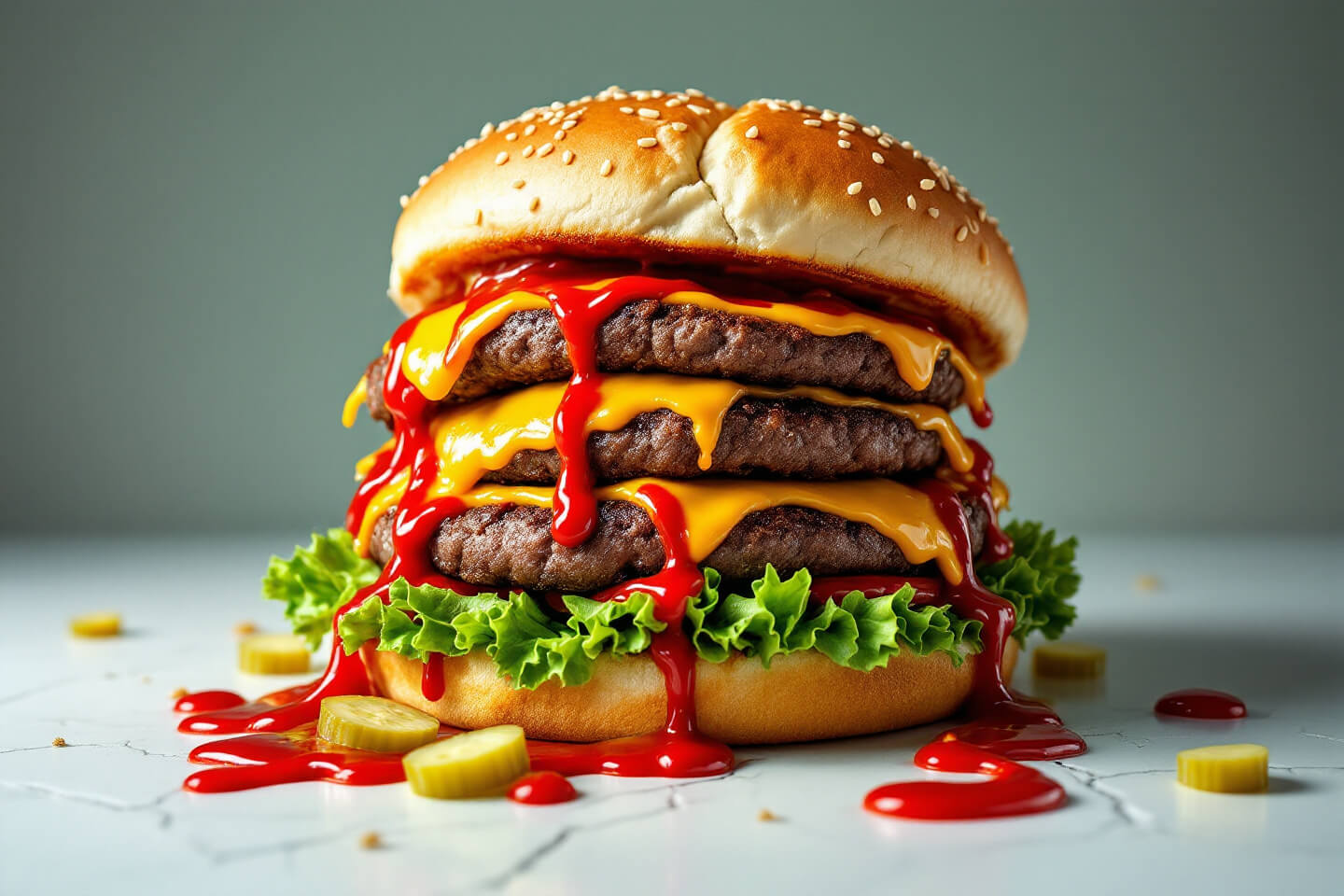 세 겹의 두꺼운 패티와 치즈로 이루어진 햄버거 위로 붉은 케첩이 넘쳐 흐르고 있다. 바닥에는 흘러내린 케첩과 피클 조각이 흩어져 있으며, 배경은 차분한 녹색 톤으로 강조되어 있다