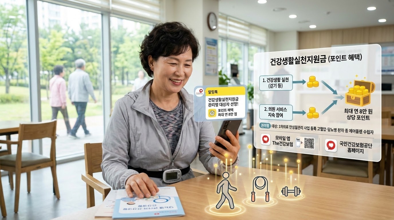 건강생활실천지원금 포인트 
연간 최대 8만 원 상당의 건강생활실천지원금 포인트 지급