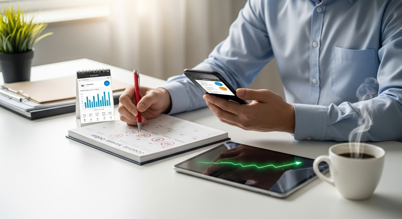 책상 달력과 스마트폰을 보며 연말정산 준비 일정을 확인하는 한국인 직장인 모습