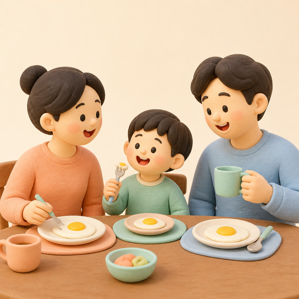 아침 식탁에서 달걀 프라이를 접시에 담아 웃는 가족