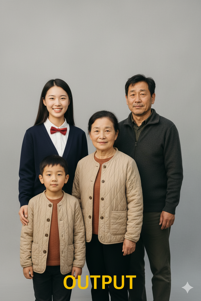 나노바나나로 제작한 가족 사진 합성 예시 - AI가 자연스럽게 여러 인물을 한 장면에 배치