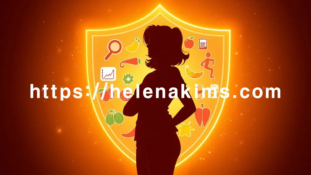 중년 여성의 실루엣이 서 있다. 그녀를 감싸듯 방패 모양의 면역 장벽이 빛나고, 방패 위에는 정기 검진 아이콘(돋보기와 그래프), 항산화 식품(과일, 채소), 운동하는 사람, 금연/절주 상징 아이콘이 있는 이미지.