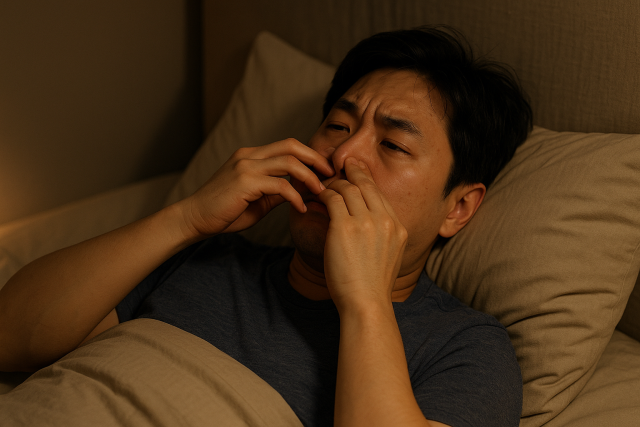 코막힘 때문에 숙면하지 못하는 남성의 모습