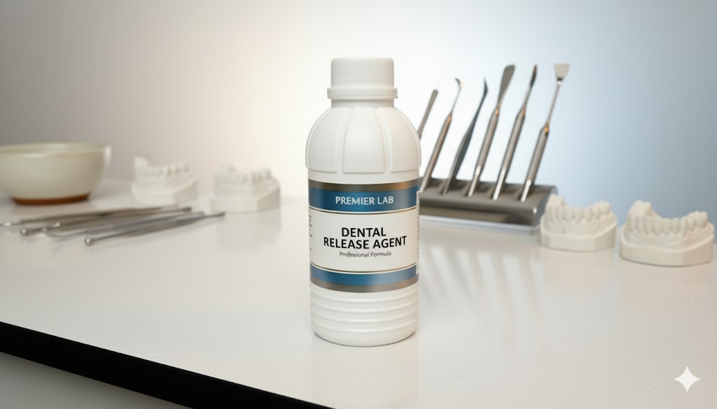 삼양플라스틱 A250 백색 용기에 담긴 'Dental Release Agent'가 치과 기공 도구와 함께 놓여 있습니다. HDPE 용기의 전문성과 신뢰성을 강조합니다