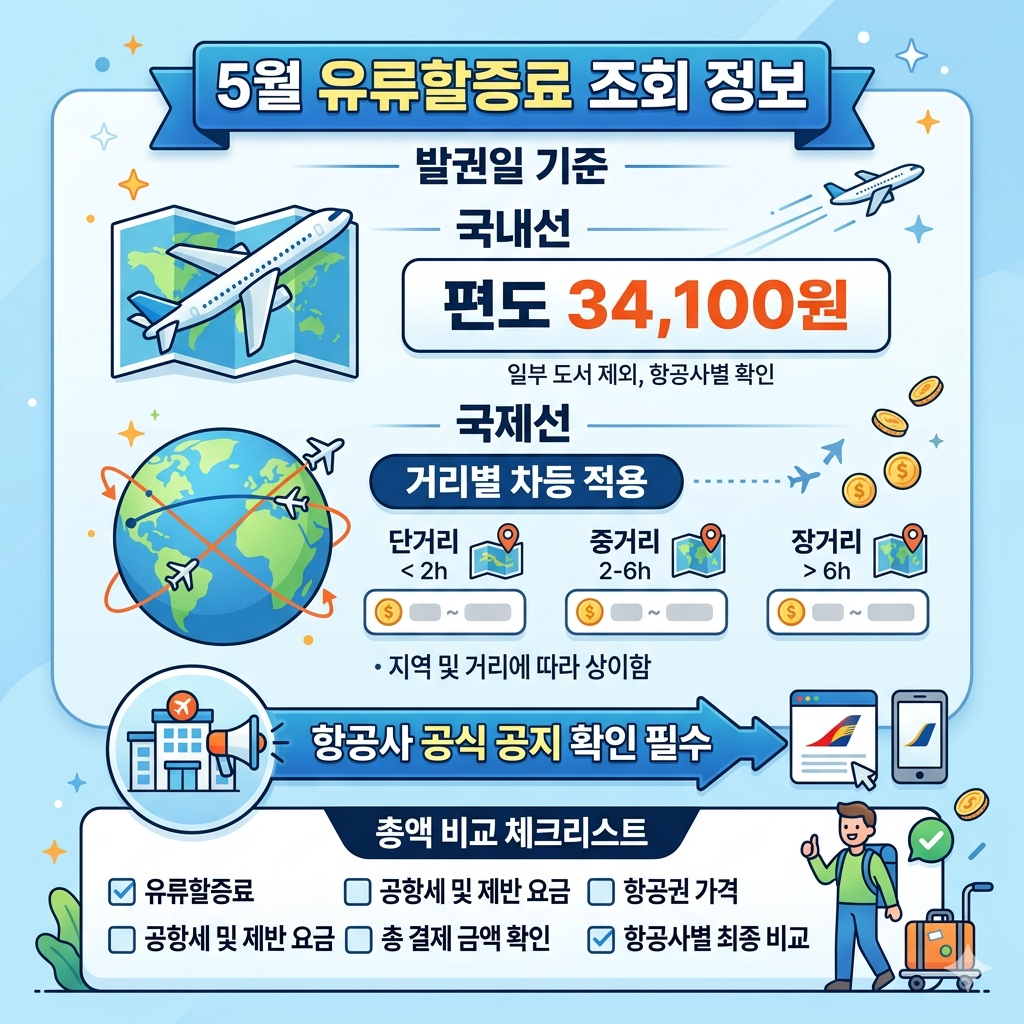 유류할증료 조회 방법|국내선·국제선 발권일 기준 인포그래픽