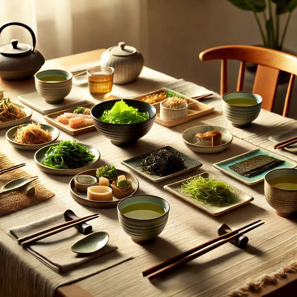 일본식 항염 다이어트 반찬인 녹차, 해조류, 된장으로 요리된 밥상의 모습