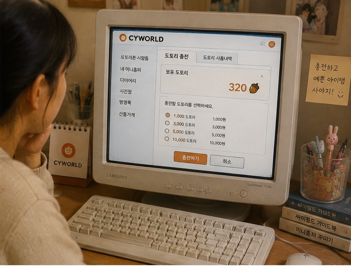싸이월드 미니홈피에서 남은 도토리를 확인하고 충전을 고민하는 모습