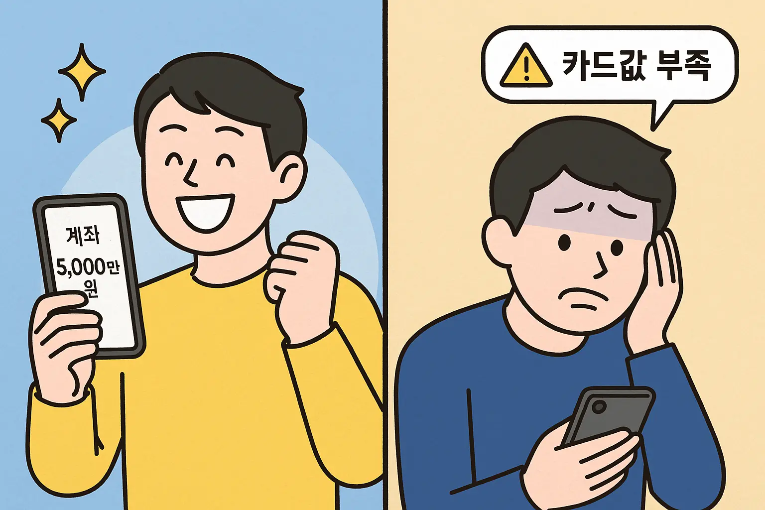 같은 청년이 5천만 원 계좌를 보며 웃는 모습과 카드값 부족 알림에 당황하는 모습을 나란히 보여줌