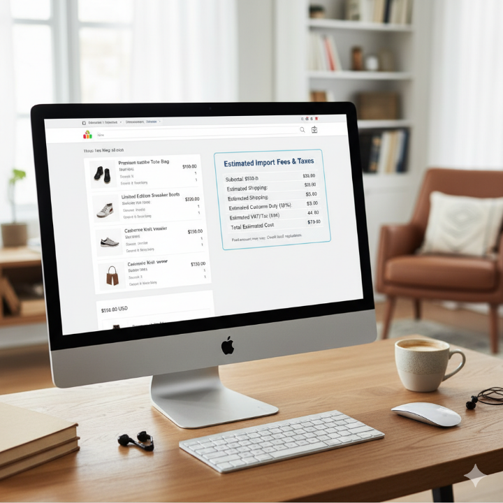 해외 쇼핑몰 장바구니 화면과 옆에 작게 계산된 관부가세 예상 금액