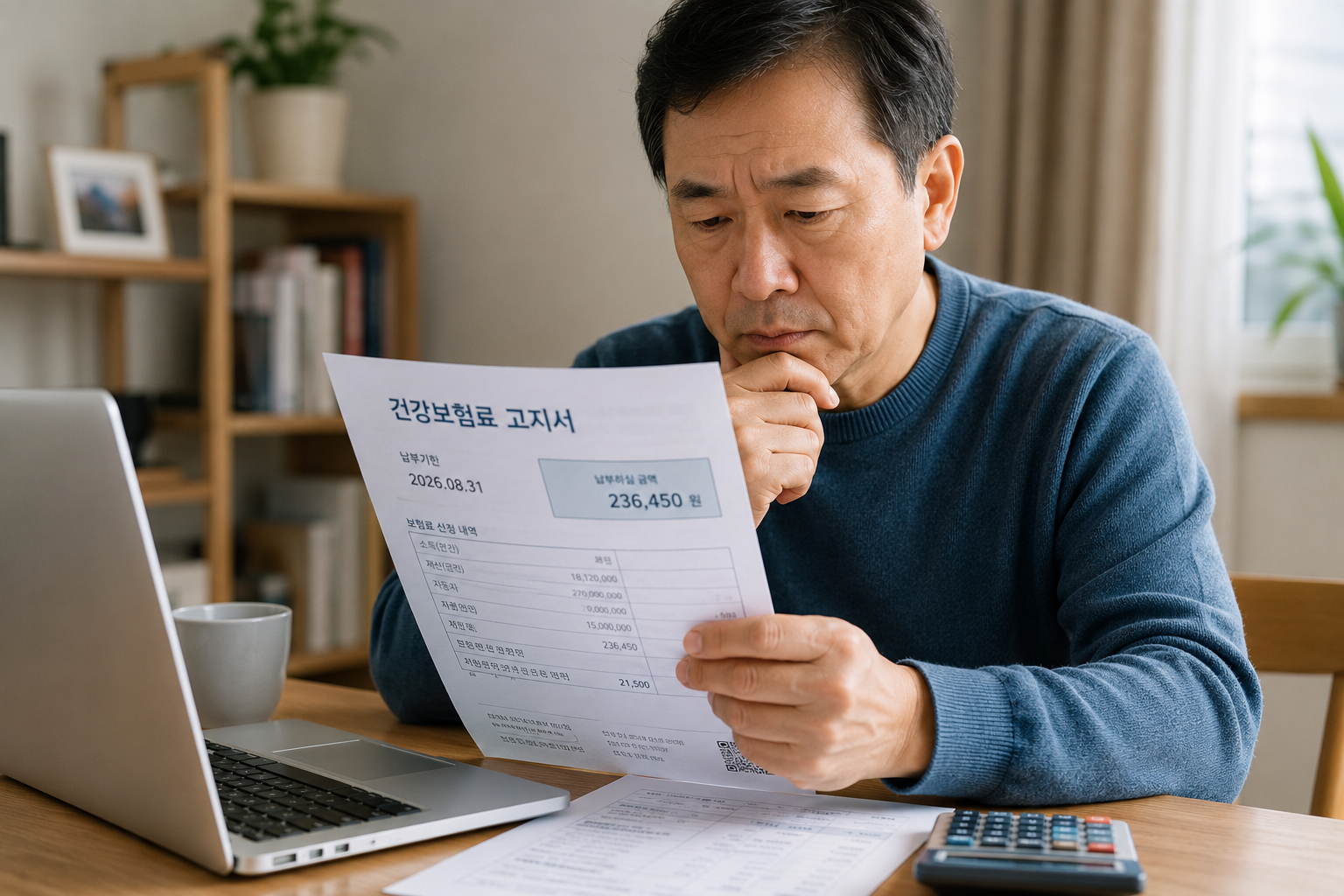 퇴직 후 건강보험료 고지서를 확인하며 보험료 부담을 고민하는 중년 남성